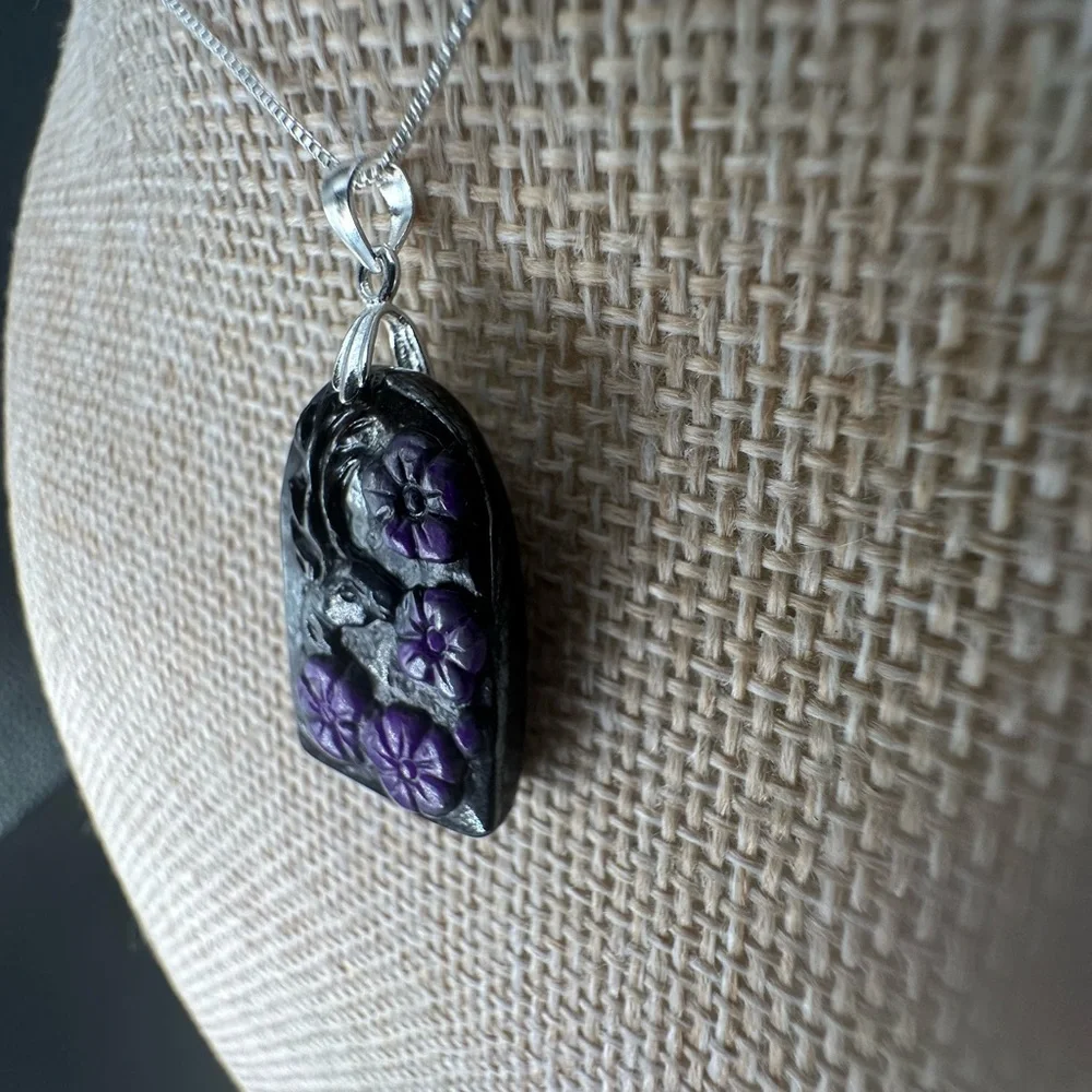 Arch Shaped Deer and Flowers Sugilite Pendant on Sterling Silver Box Chain - Picture 8 of 16